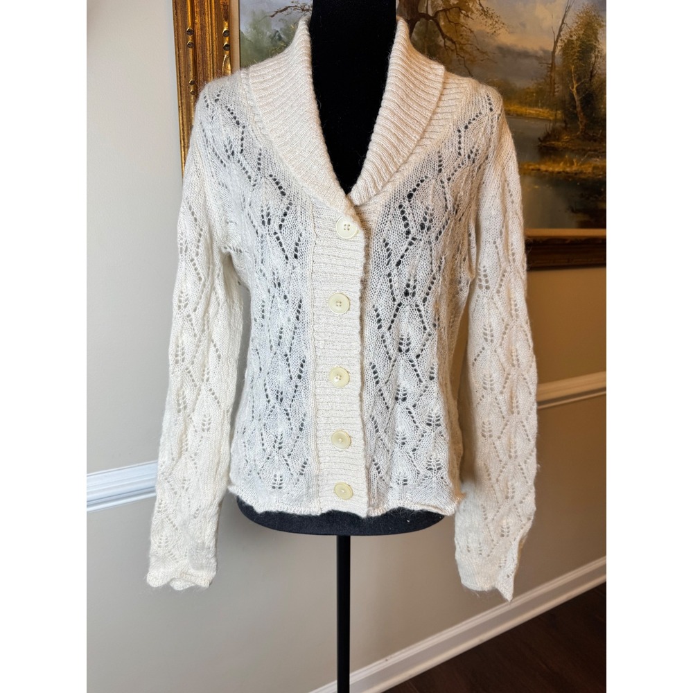 Ann Taylor LOFT Cream Mohair Wool Blend Pointelle Shawl Collar Cardigan Y2K M